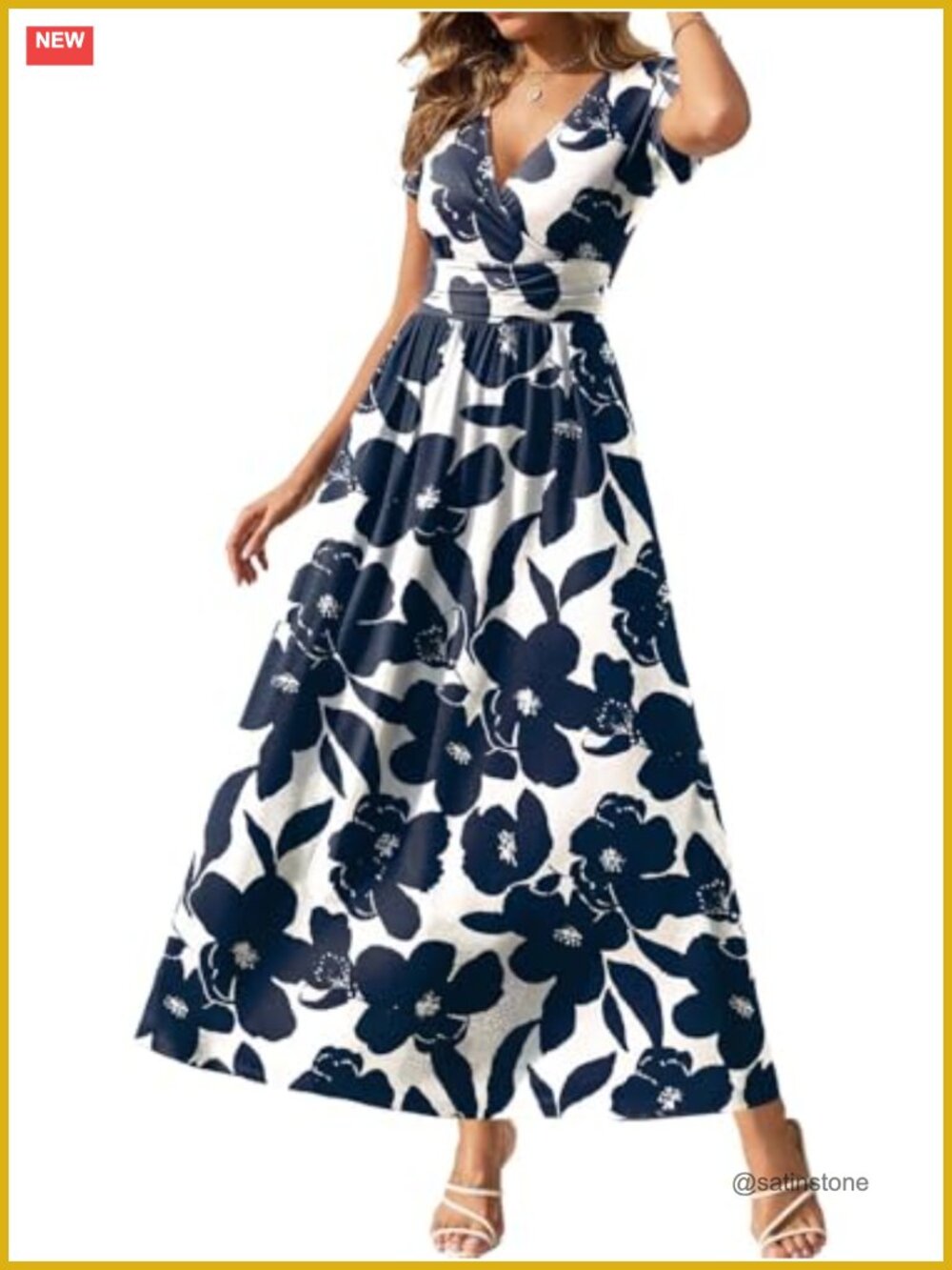 Women's Short Sleeve Wrap Maxi Dress with Pockets V-Neck Flowy